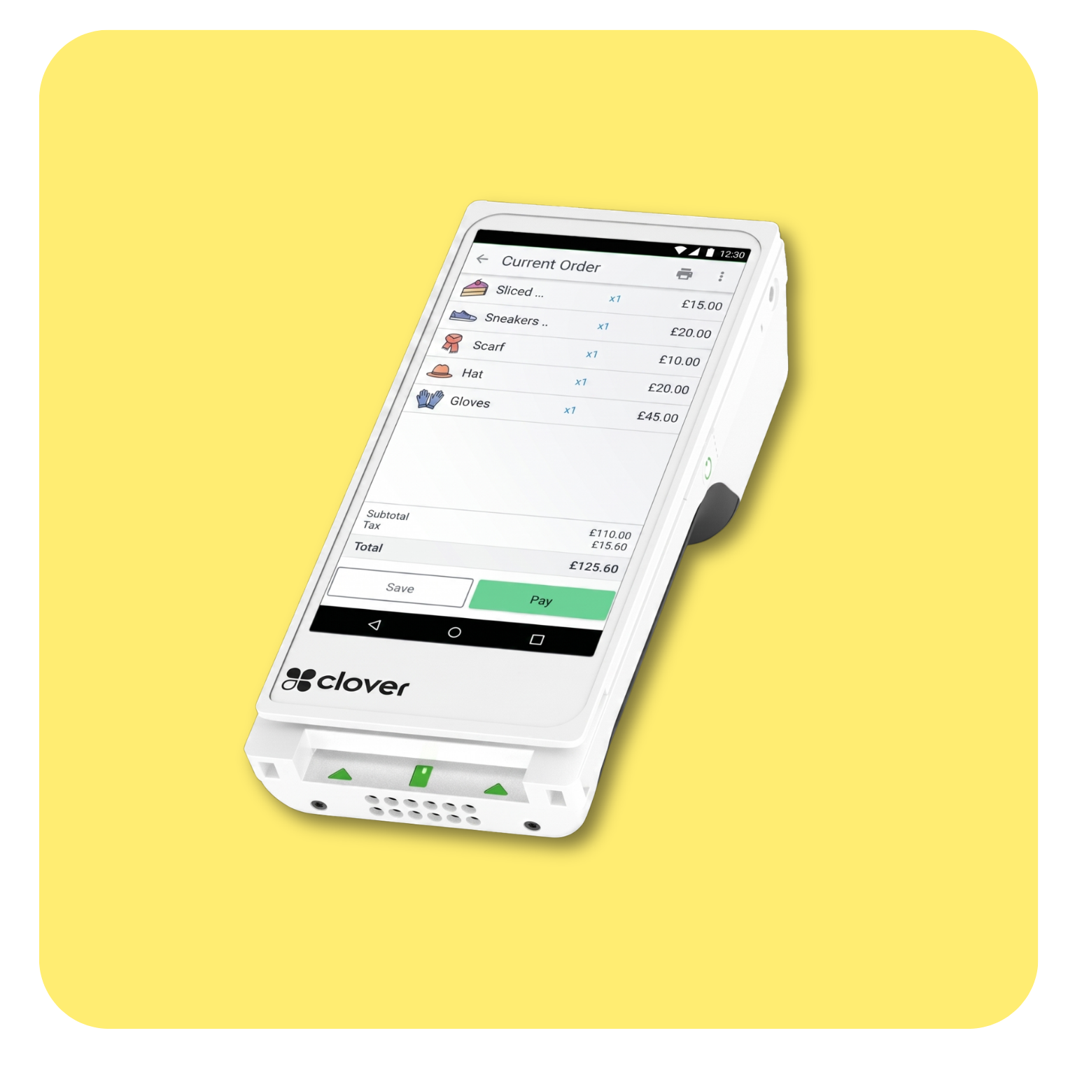 Clover terminal showing a sale total screen