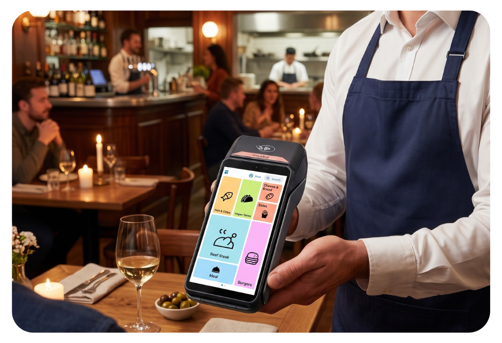 UK shop owner taking a contactless card payment with a handheld Worldpay 360 lite terminal.