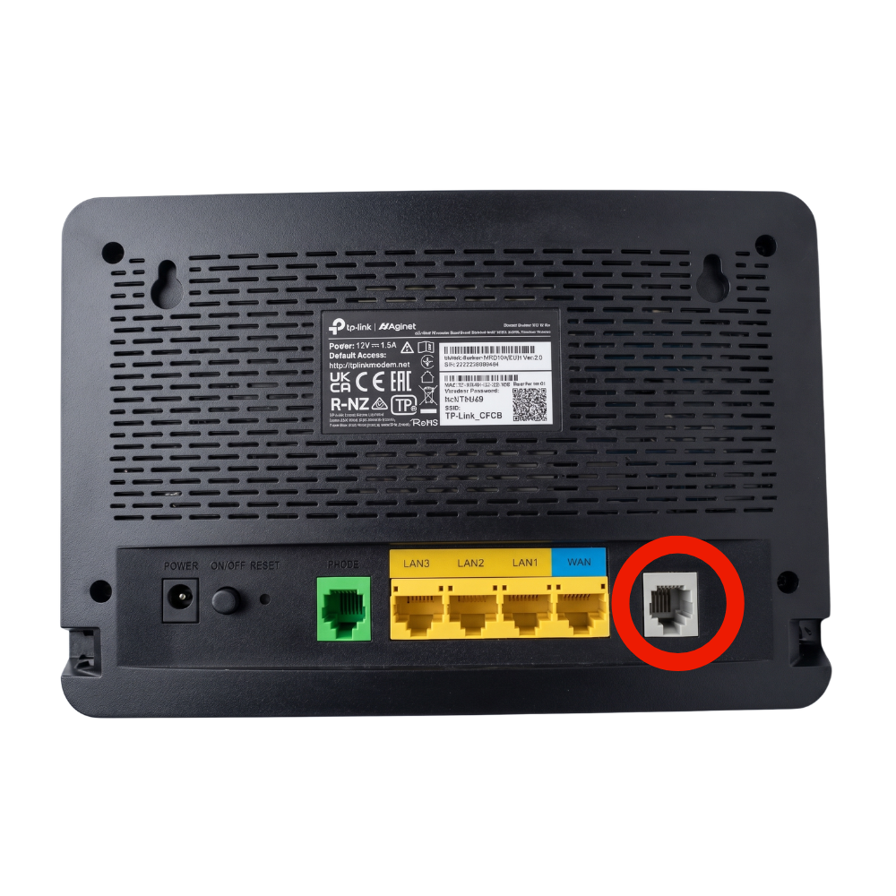 Grey phone cable in the grey DSL socket on the TP Link router
