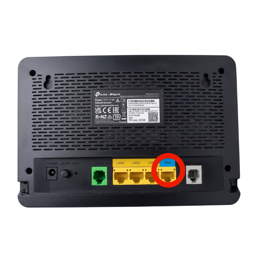 Ethernet cable in the yellow WAN port on the TP Link router