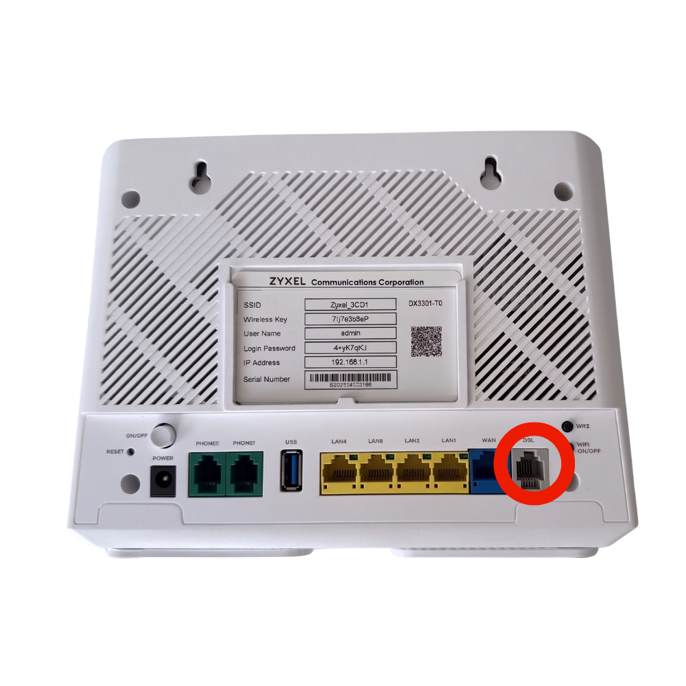 Grey phone cable in the grey DSL socket on the Zyxel router