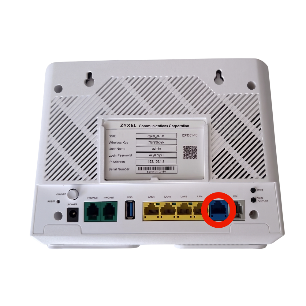 Ethernet cable in the blue WAN port on the Zyxel router