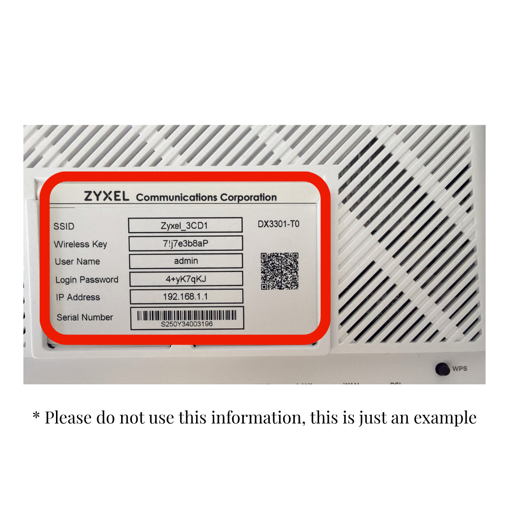 Router label showing the Wi-Fi name and password