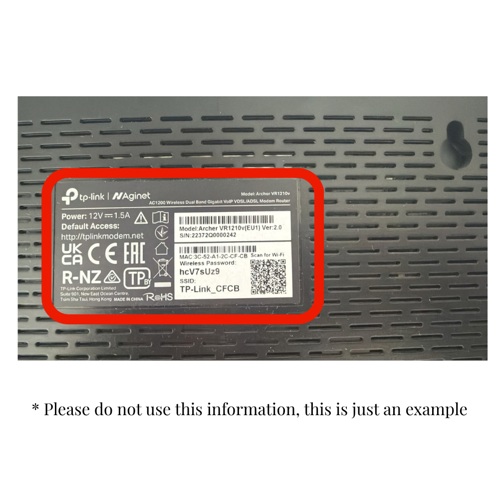Router label showing the Wi-Fi name and password
