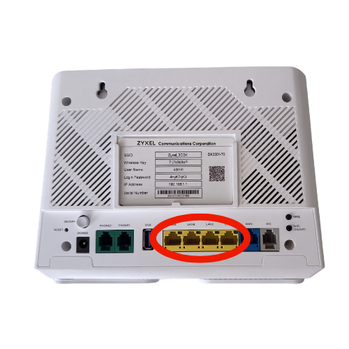 Zyxel router with the yellow LAN sockets highlighted
