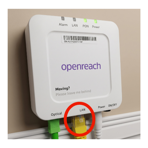 Fibre ONT box with the yellow LAN port highlighted