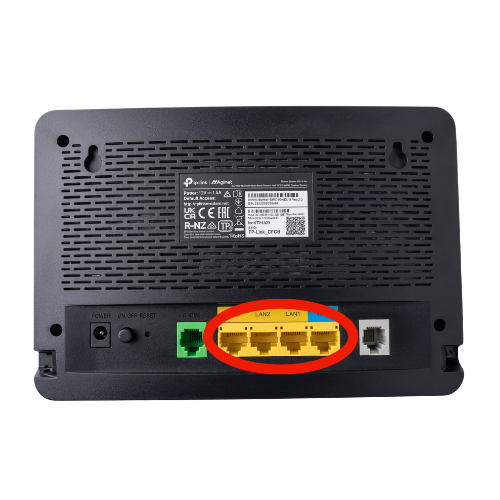 TP Link router with the yellow LAN sockets highlighted